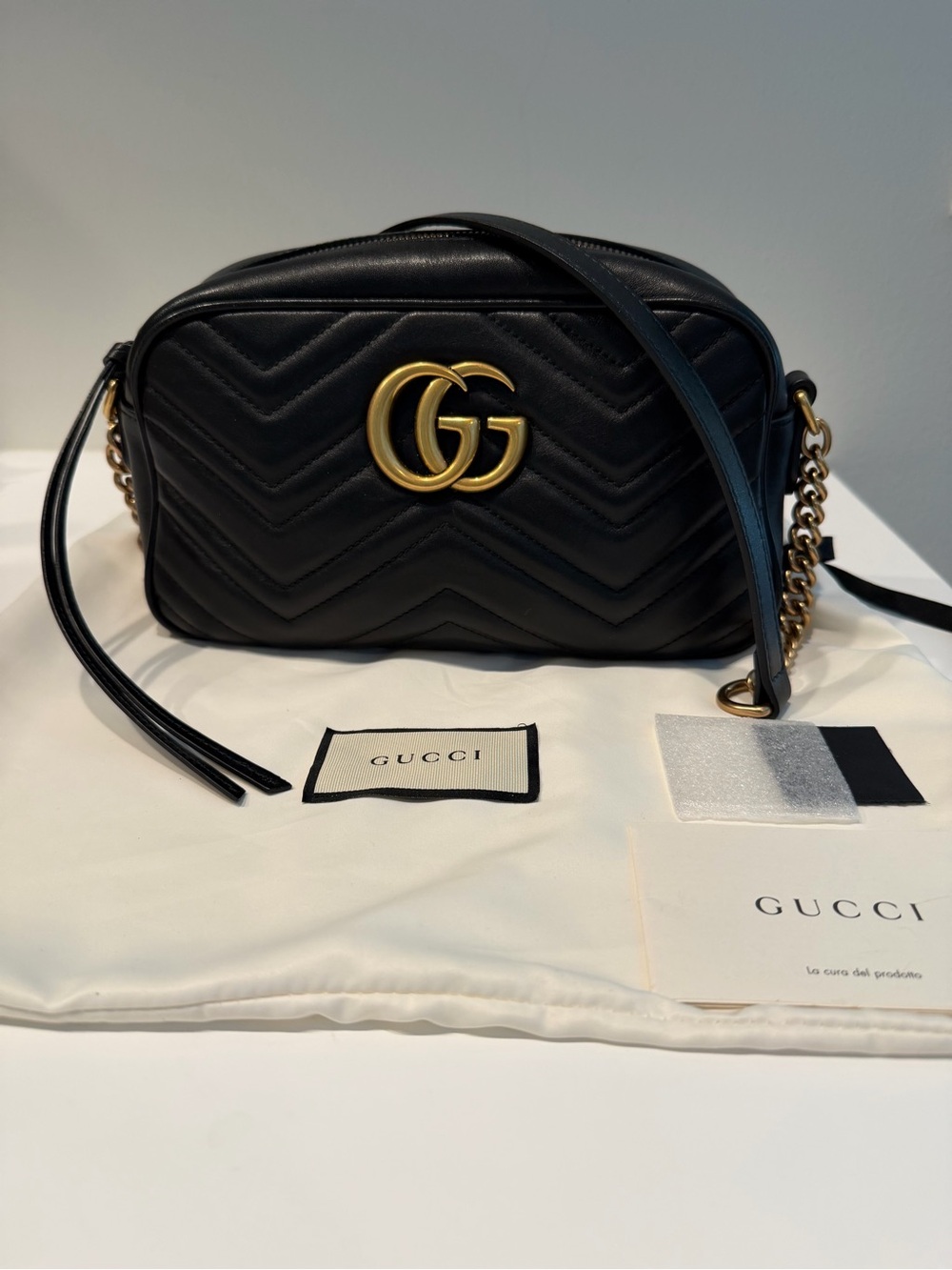 Gucci Black Matelassé Leather Crossbody with Gold Double G
